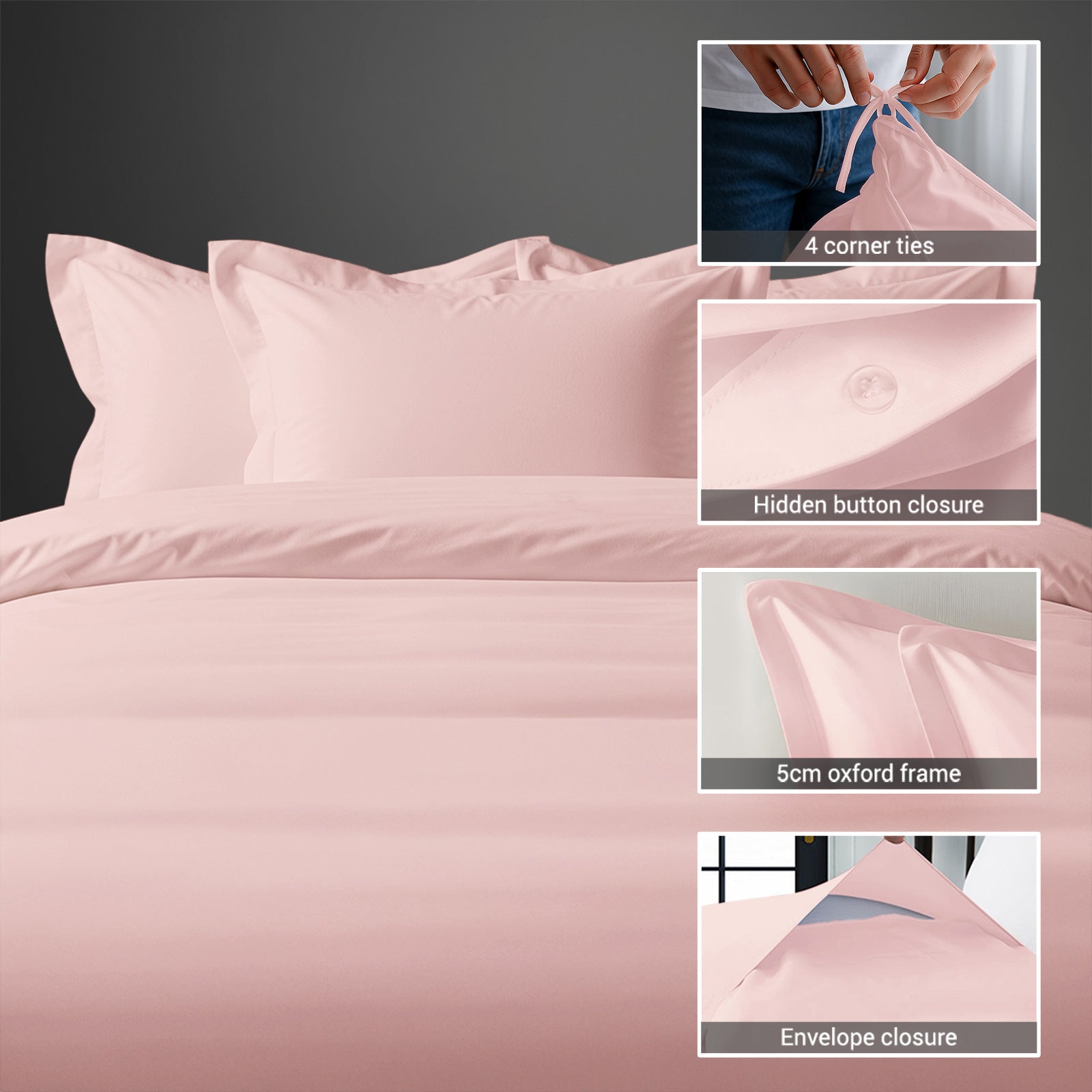 Pizuna Linens super king size cotton duvet cover with hidden button closure corner ties and Oxford pillowcases